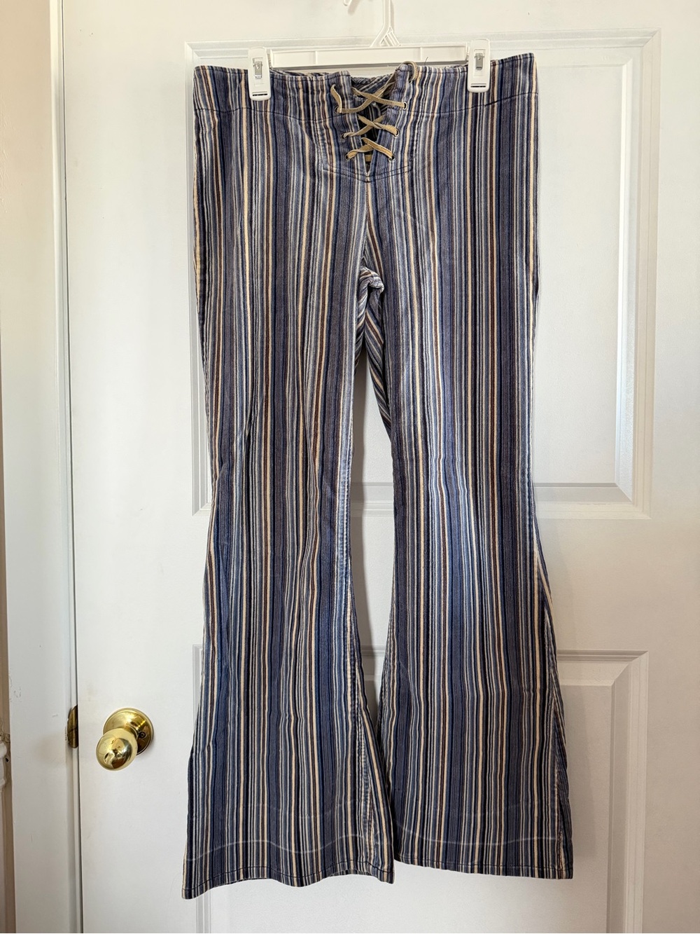 Vintage Y2K Striped Corduroy Lace Up Flare Low Rise Pants Blue Tan Size 13